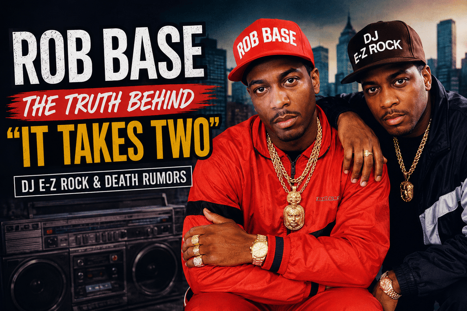 Retro-style 3:2 cover image featuring Rob Base and DJ E-Z Rock in classic hip-hop fashion with bold text referencing “It Takes Two” and death rumors against an urban city backdrop.