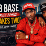 Retro-style 3:2 cover image featuring Rob Base and DJ E-Z Rock in classic hip-hop fashion with bold text referencing “It Takes Two” and death rumors against an urban city backdrop.